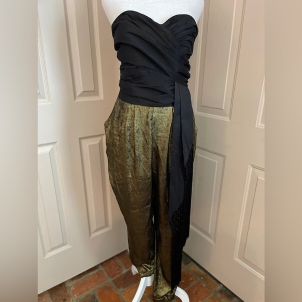 New York & Company Gabrielle Union black & gold strapless fringed jumpsuit. Sz 4